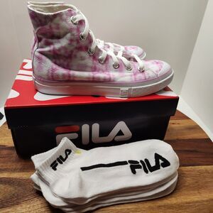 Fila Tie‑Dye High Tops Women’s Size 7 Pink New w/ Box + Bonus Socks